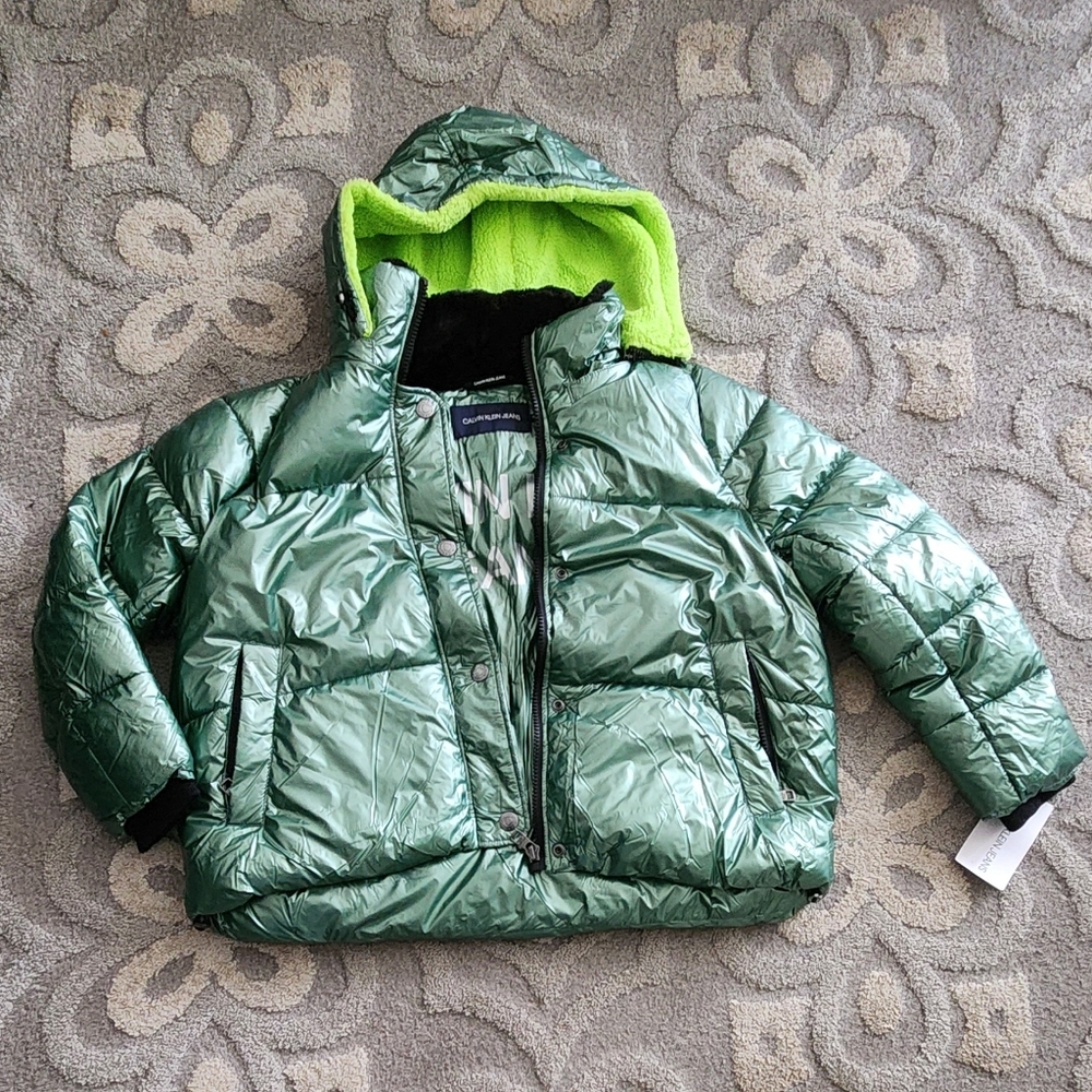 Calvin Klein Jeans Metallic Green Puffer Jacket Wmn's Size XL NWT